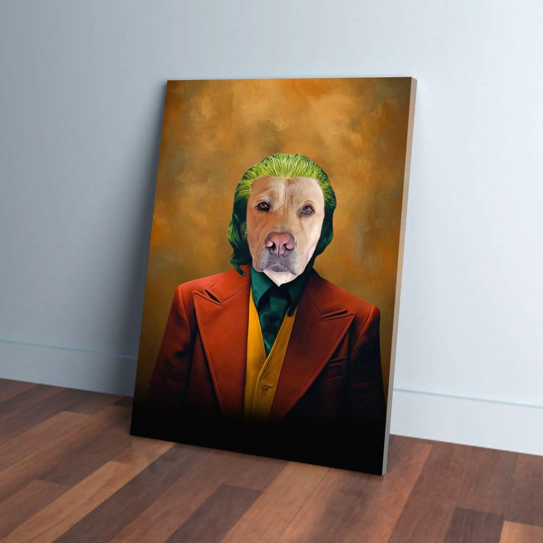 Personalized pet canvas featuring a golden retriever's head on a Joker-style body with green hair, brown suit, and yellow vest.