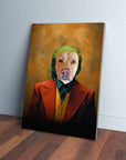 Personalized pet canvas featuring a golden retriever's head on a Joker-style body with green hair, brown suit, and yellow vest.