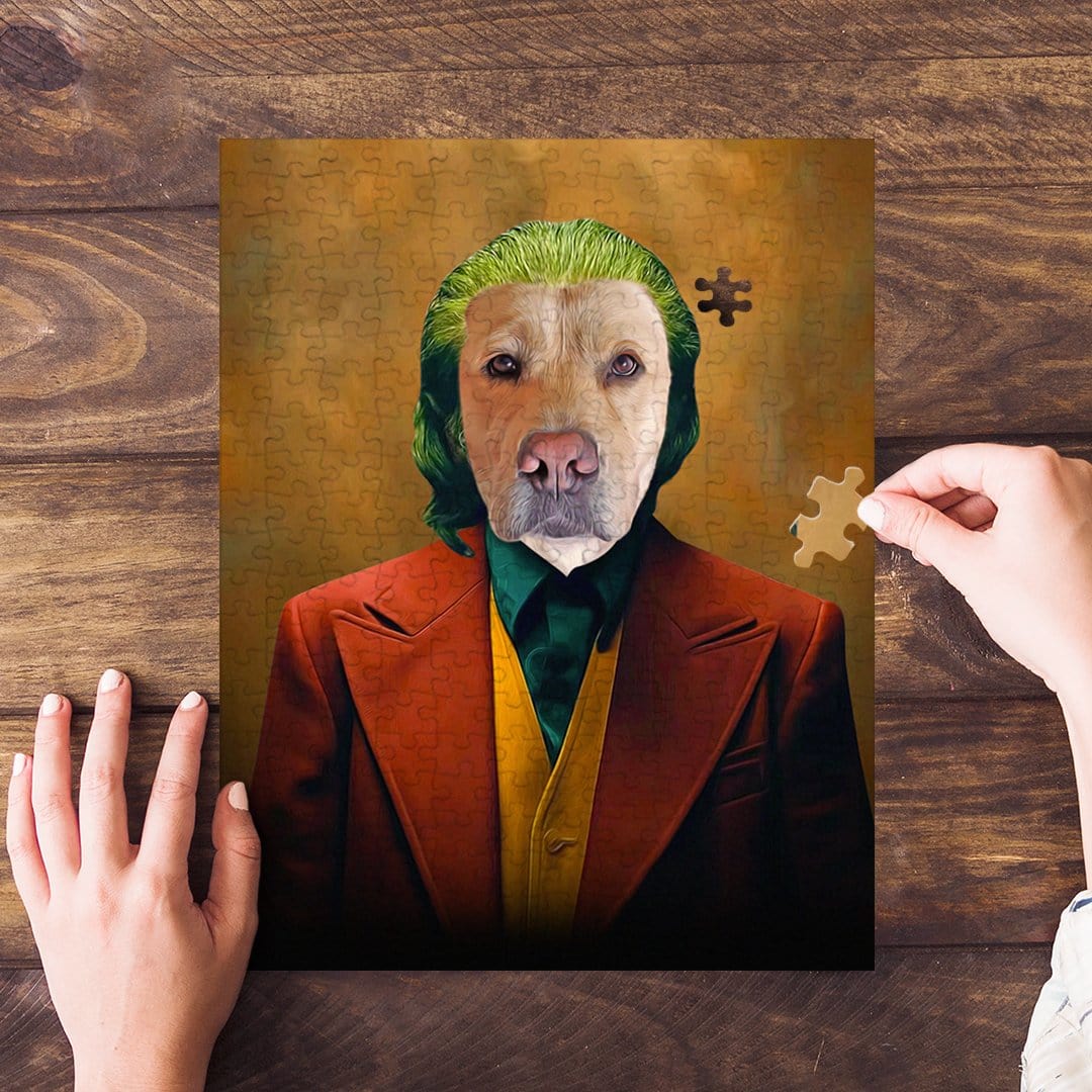 Personalized 'Joker Doggo' pet puzzle featuring a dog's face on a Joker-style portrait.