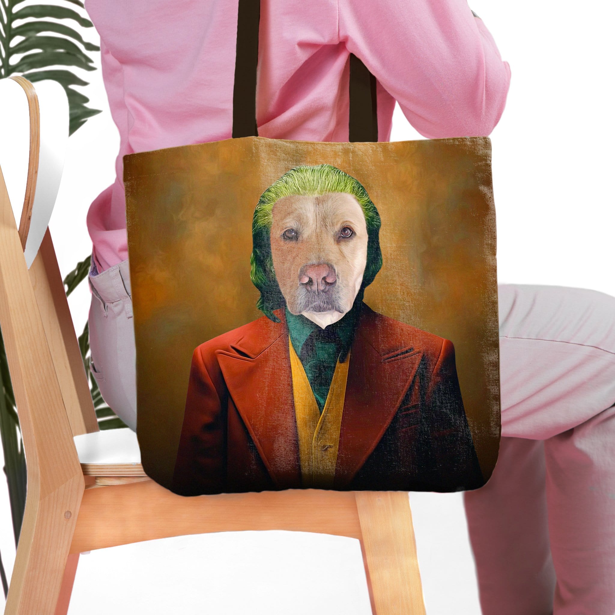 Personalized tote bag with a custom pet portrait of a dog in a Joker-style costume.