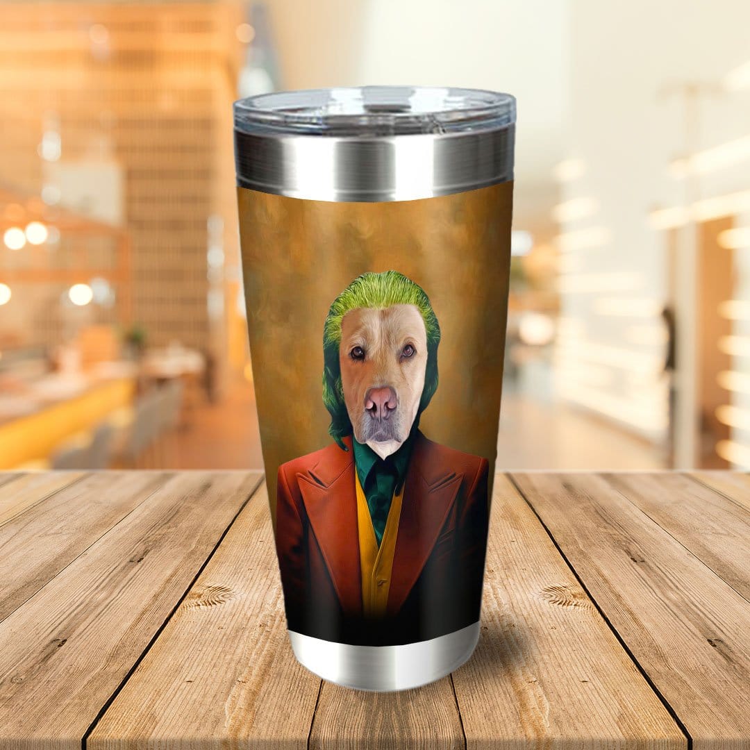 Personalized stainless steel tumbler with a custom dog portrait in a Joker-style costume.