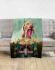 Personalized 'Jurassic Bark' pet blanket with a Weimaraner dog portrait in a movie poster style.
