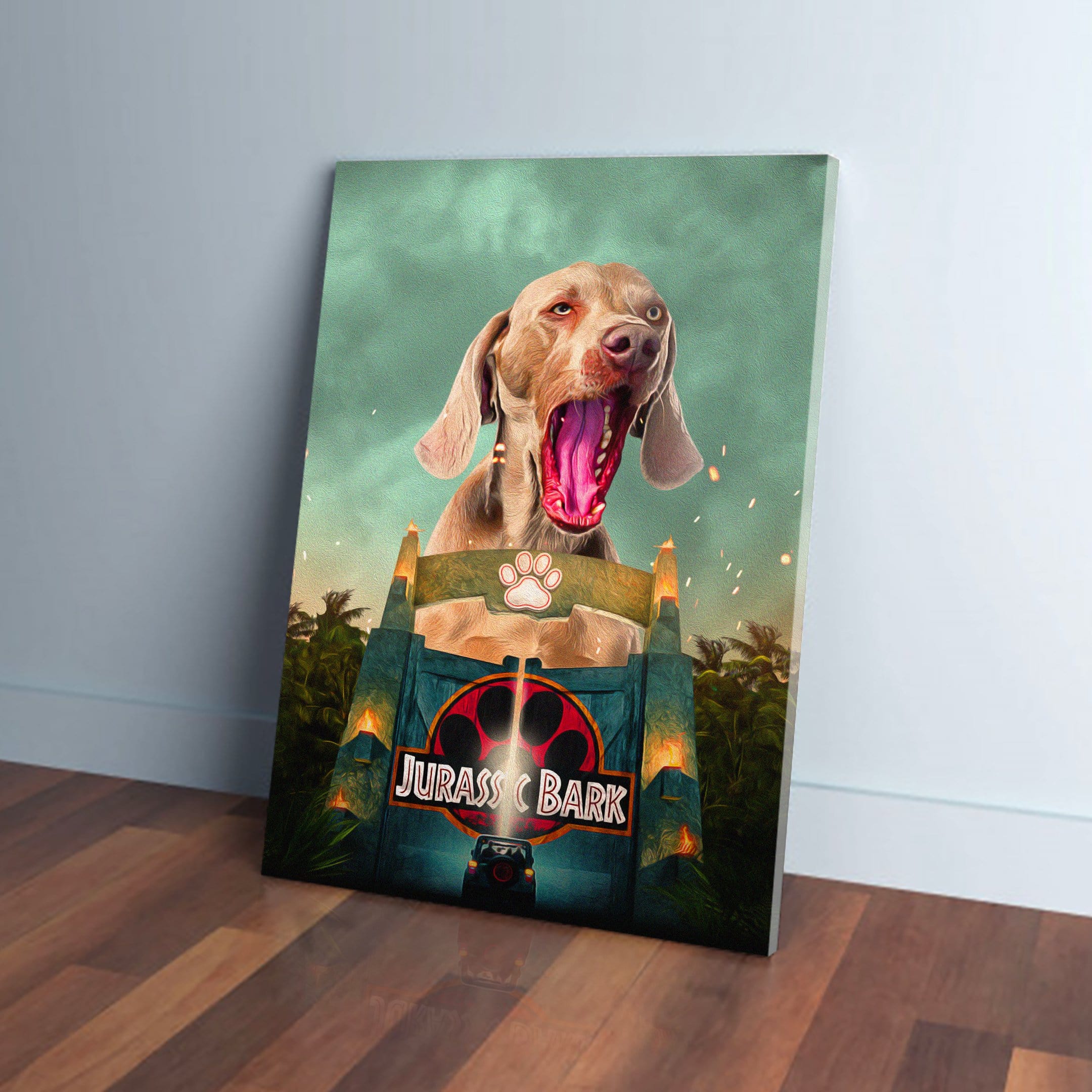 Personalized 'Jurassic Bark' pet canvas featuring a yawning Weimaraner above a dinosaur park gate.