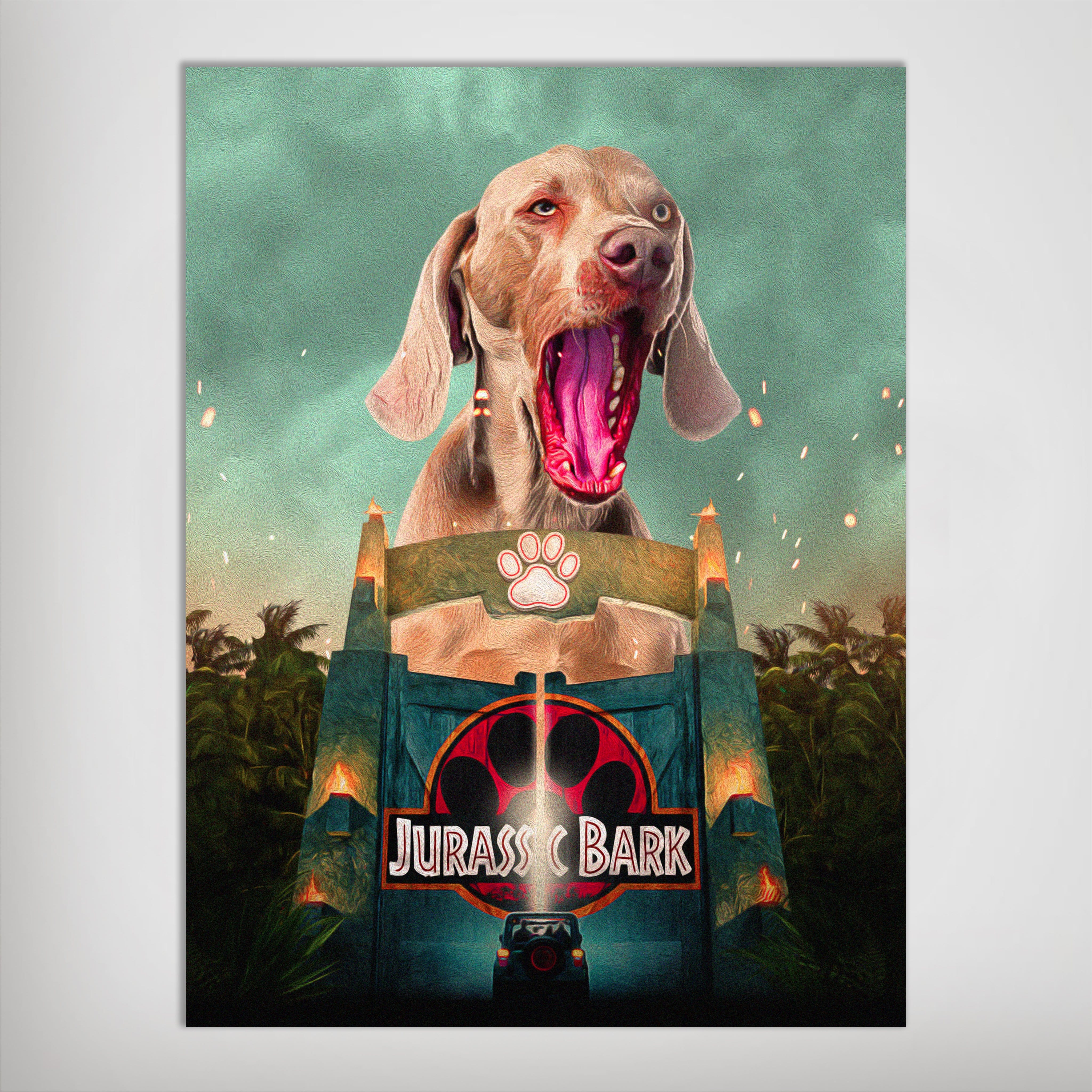 Personalized 'Jurassic Bark' poster featuring a Weimaraner dog roaring over a park entrance.