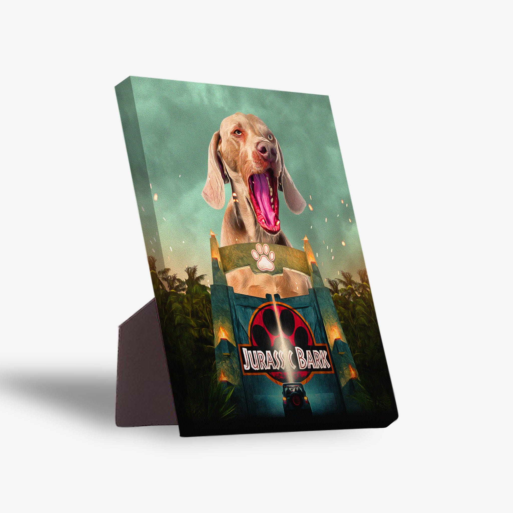 Personalized 'Jurassic Bark' standing canvas featuring a yawning Weimaraner dog portrait in a jungle scene.