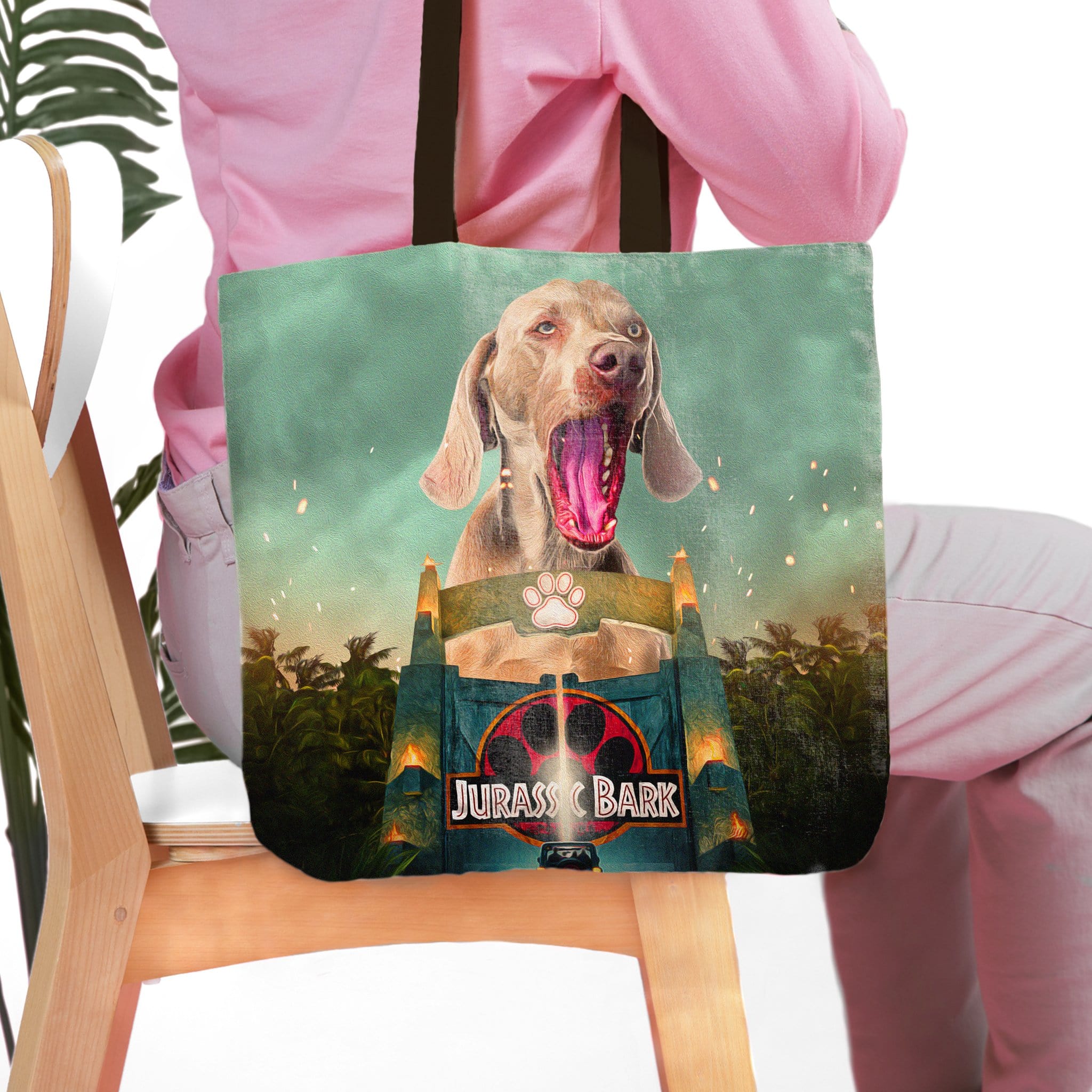 Personalized 'Jurassic Bark' tote bag with a custom dog portrait in a movie poster style.