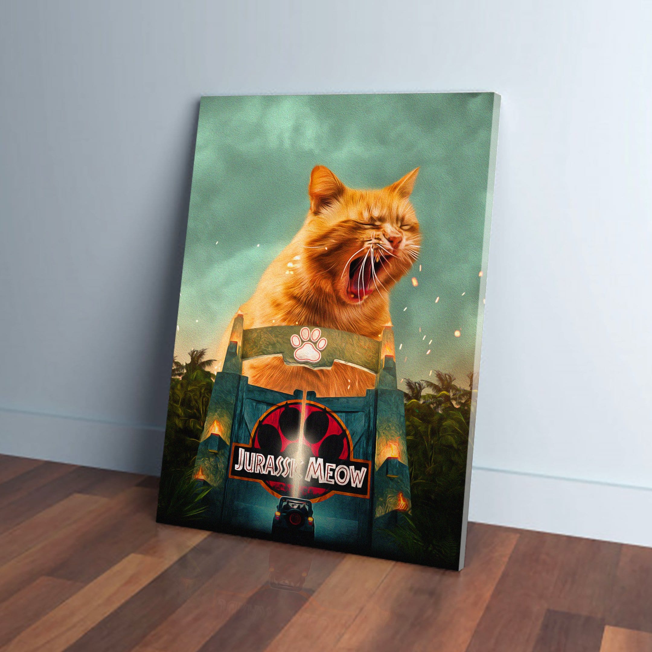 Personalized 'Jurassic Meow' canvas featuring a giant yawning orange cat over a Jurassic Park-style gate.
