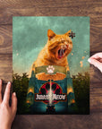 Personalized 'Jurassic Meow' pet puzzle featuring an orange cat yawning, with a hand placing a piece.