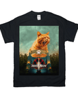 Black Gildan t-shirt with a "Jurassic Meow" design featuring a giant orange cat roaring over a park gate.