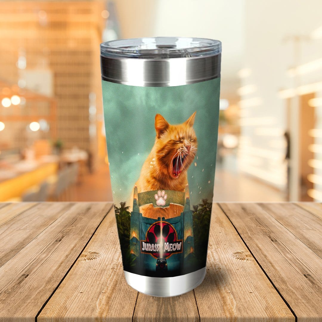 Personalized stainless steel tumbler with a custom "Jurassic Meow" cat portrait design.