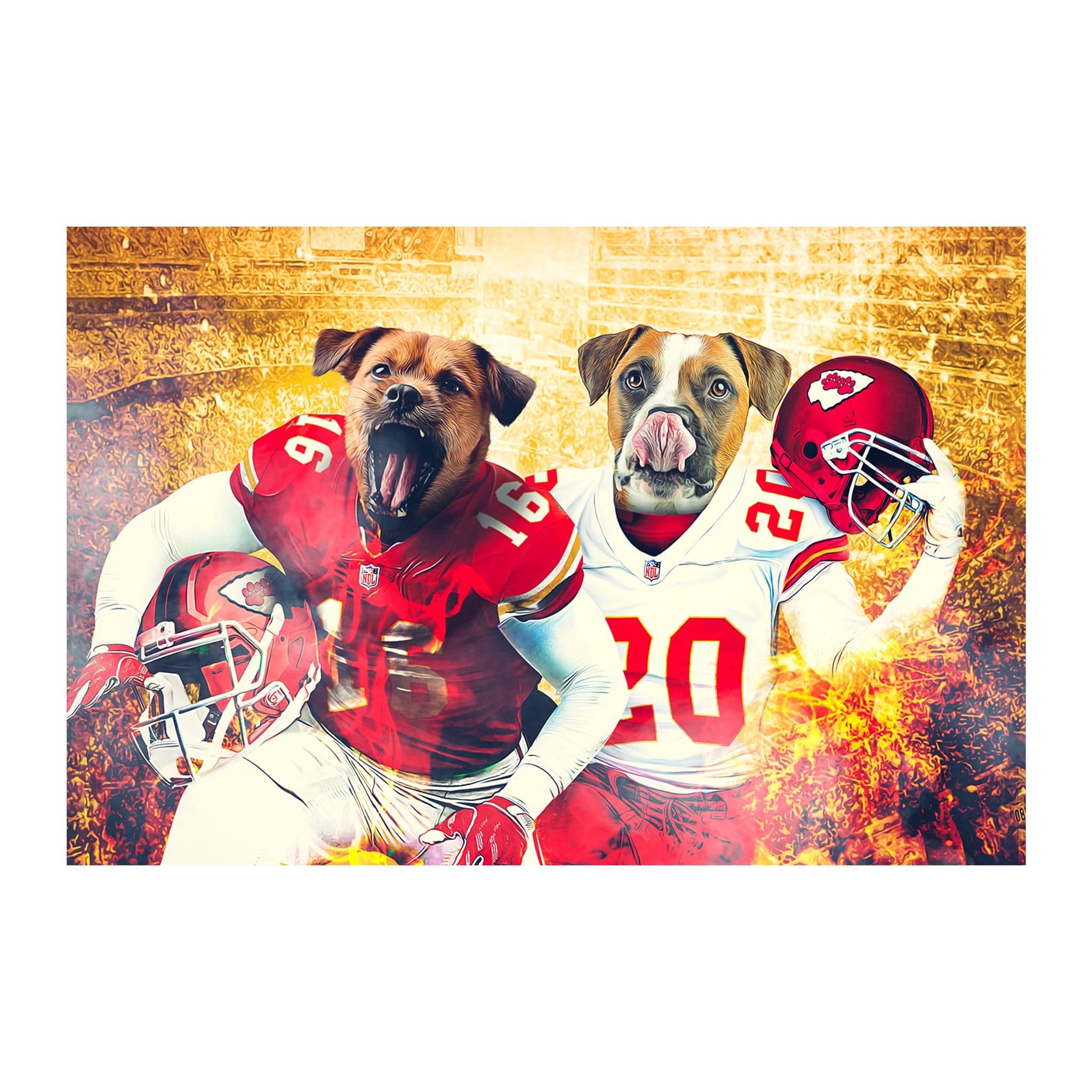 Custom digital portrait of two dogs in Kansas City Chiefs football uniforms.