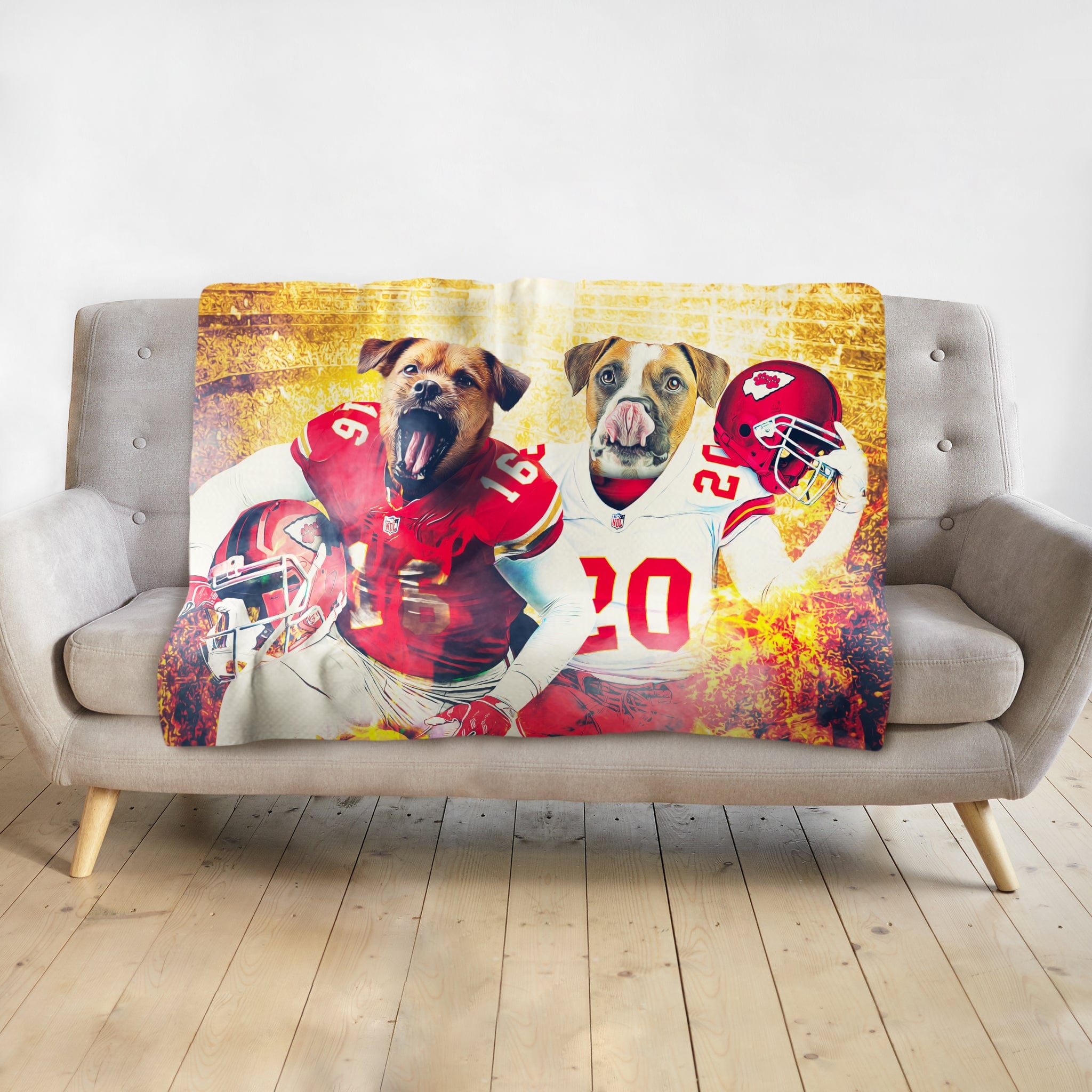 Personalized pet blanket featuring two dogs in Kansas City Chiefs football uniforms.