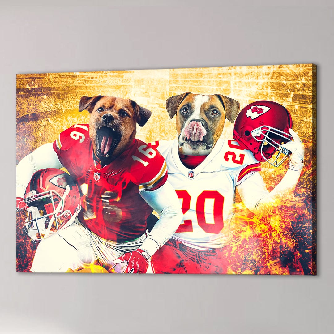 Custom canvas of two dogs in Kansas City Chiefs football uniforms, holding helmets, with a fiery background.
