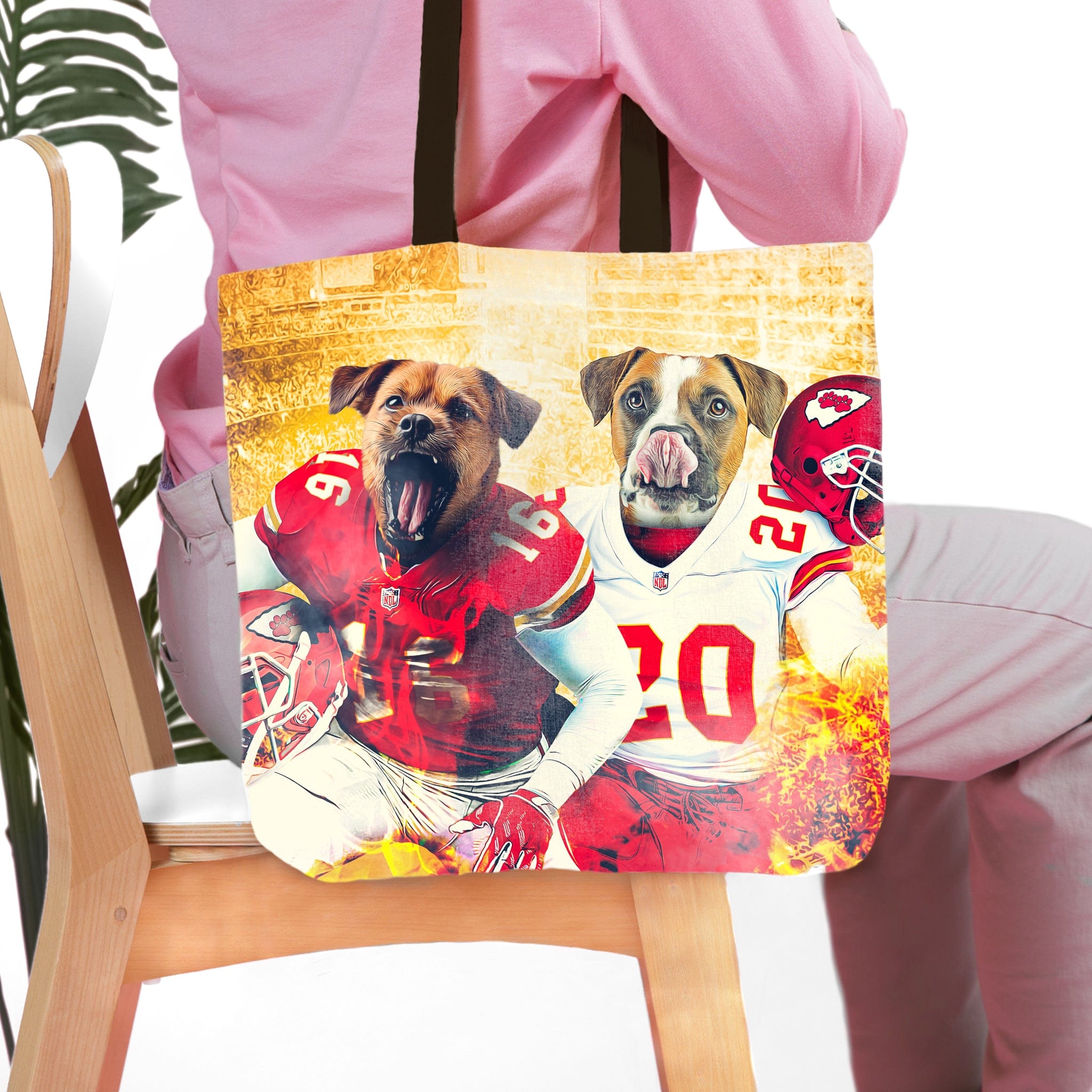 Personalized 2 pet tote bag with dogs in Kansas City football uniforms.