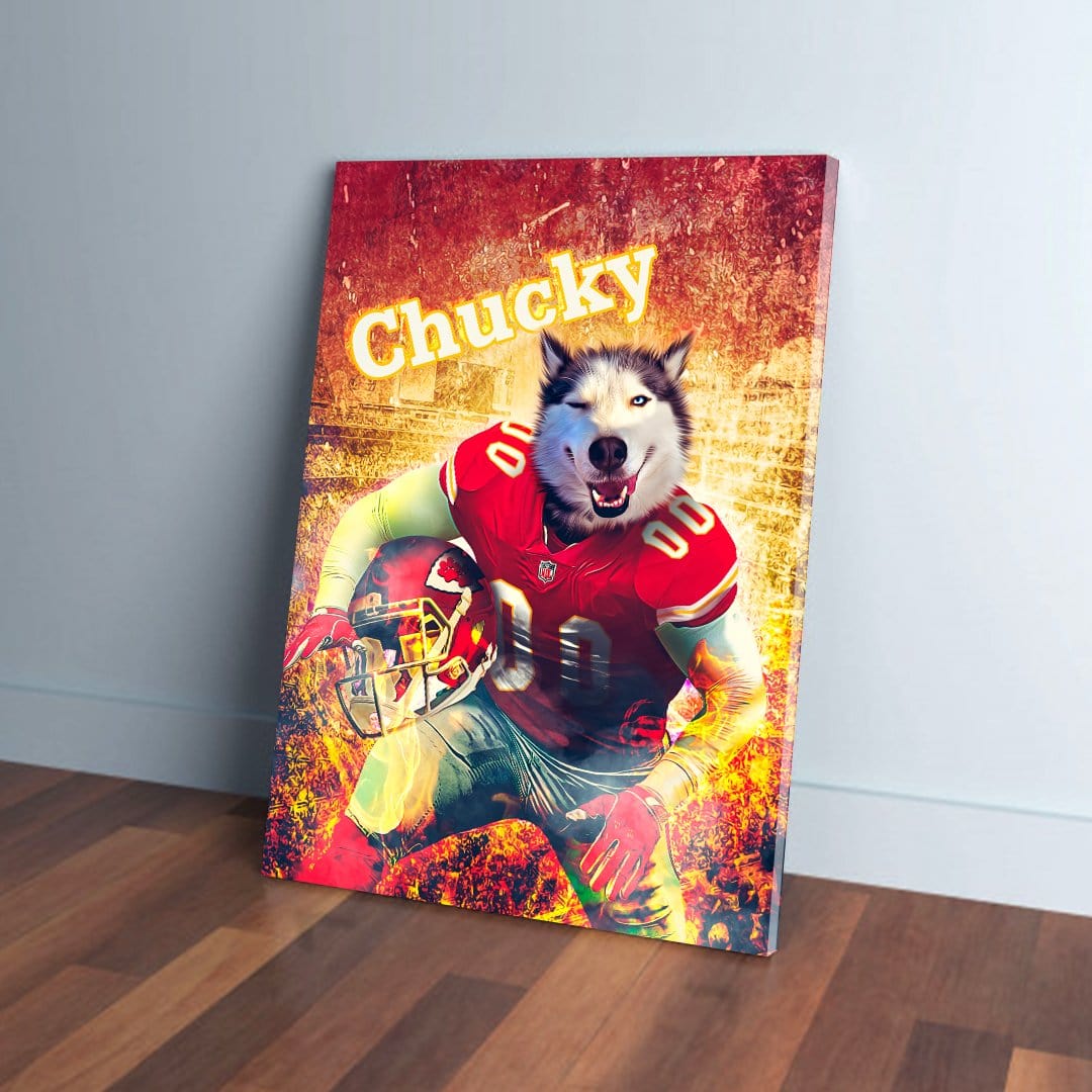 Personalized 'Kansas City Doggos' canvas featuring a husky in a red football uniform, holding a helmet.