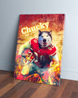 Personalized 'Kansas City Doggos' canvas featuring a husky in a red football uniform, holding a helmet.