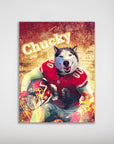 Personalized "Kansas City Doggos" poster featuring a husky in a red football uniform, holding a helmet.