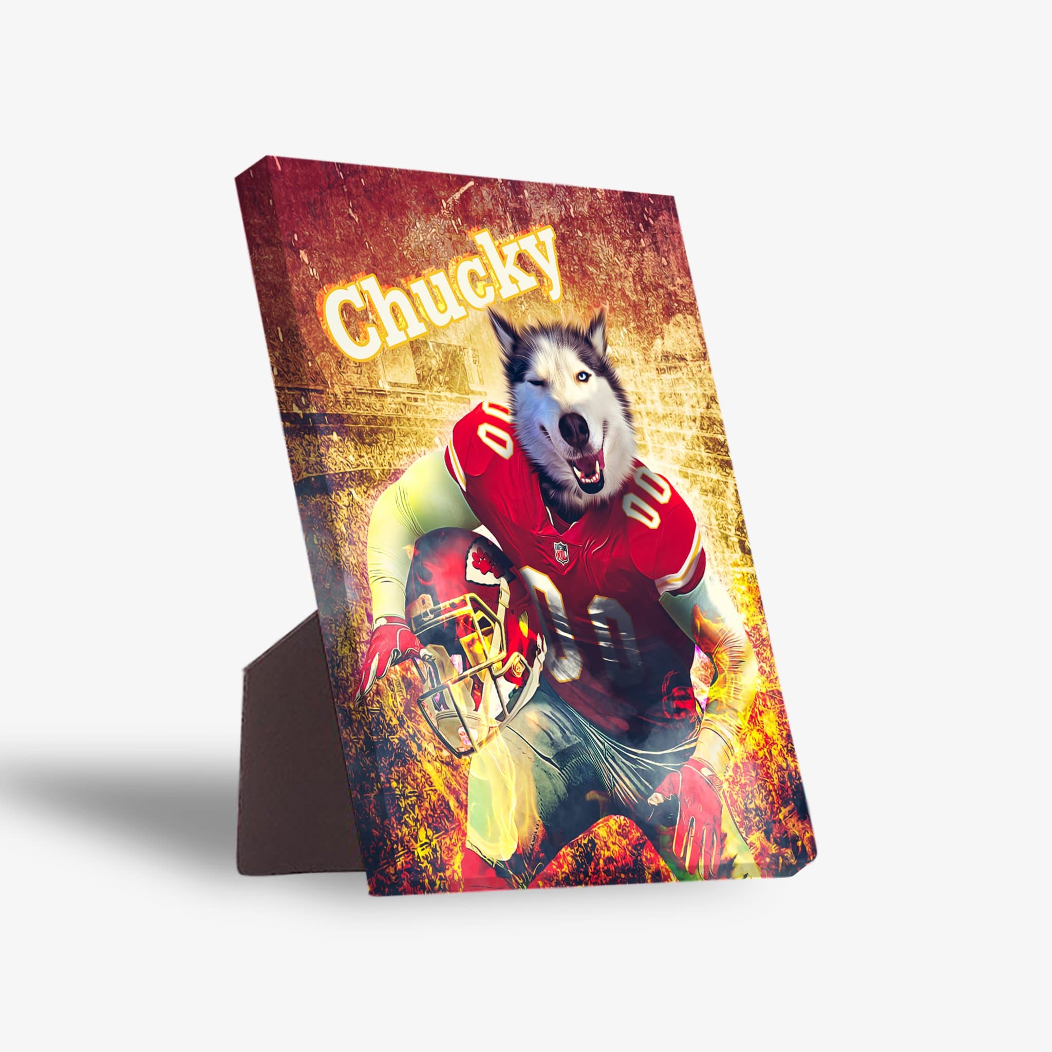 Personalized pet standing canvas featuring a wolf in a red football uniform with "Chucky" text.