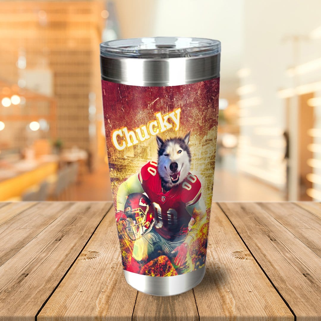 Personalized stainless steel tumbler with a custom dog portrait in a football uniform, named "Chucky.