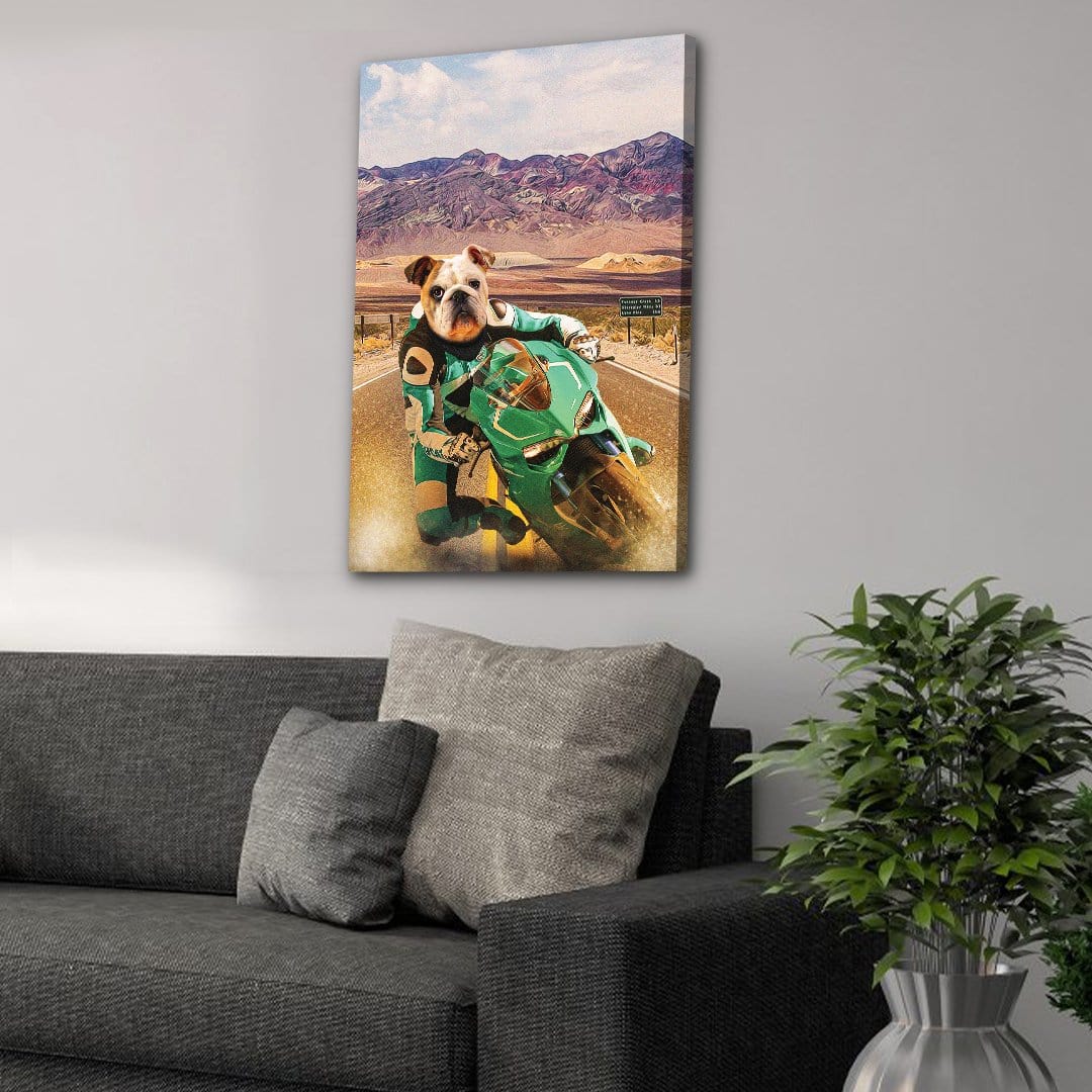 Custom pet canvas featuring a bulldog in a teal motorcycle suit riding a matching bike on a desert road.