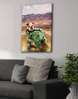 Custom pet canvas featuring a bulldog in a teal motorcycle suit riding a matching bike on a desert road.