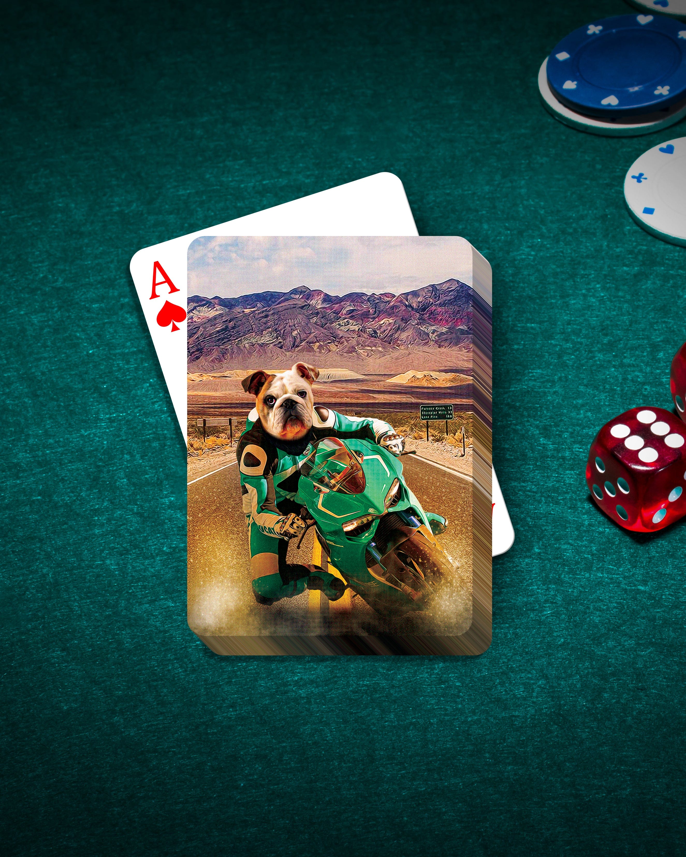 Personalized playing cards featuring a bulldog riding a motorcycle, on a green felt table with poker chips and dice.