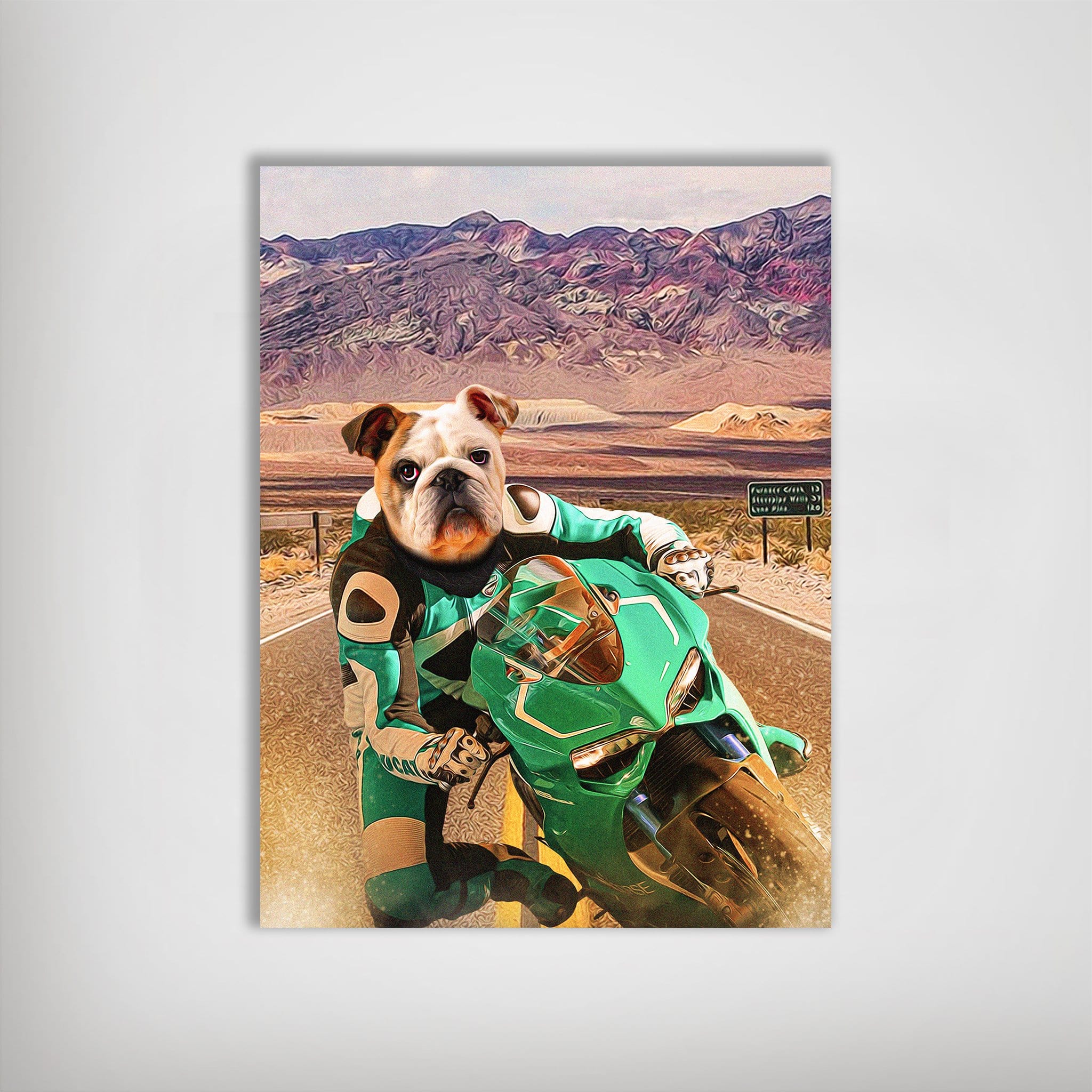 Personalized matte poster featuring a bulldog in green racing gear on a motorcycle with a desert mountain background.