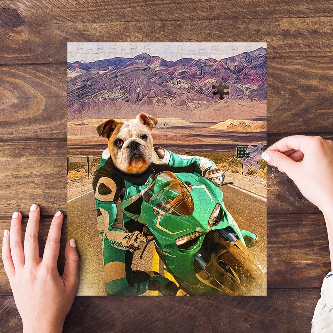 Personalized pet puzzle featuring a bulldog riding a green motorcycle in a desert landscape.