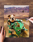 Personalized pet puzzle featuring a bulldog riding a green motorcycle in a desert landscape.