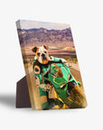 Personalized pet standing canvas featuring a bulldog in a green motorcycle suit riding a green sport bike.