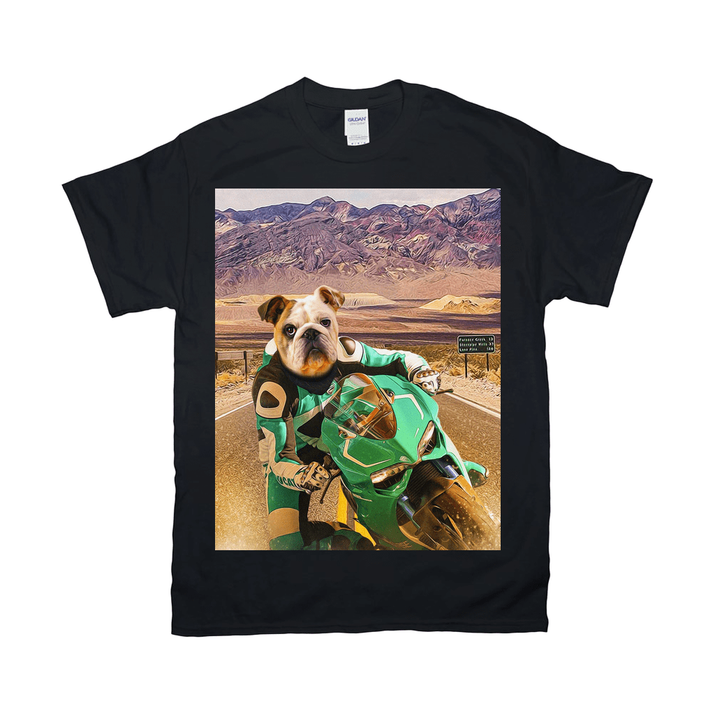 Black Gildan t-shirt with a bulldog in a green motorcycle suit riding a sport bike on a desert road.