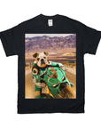 Black Gildan t-shirt with a bulldog in a green motorcycle suit riding a sport bike on a desert road.