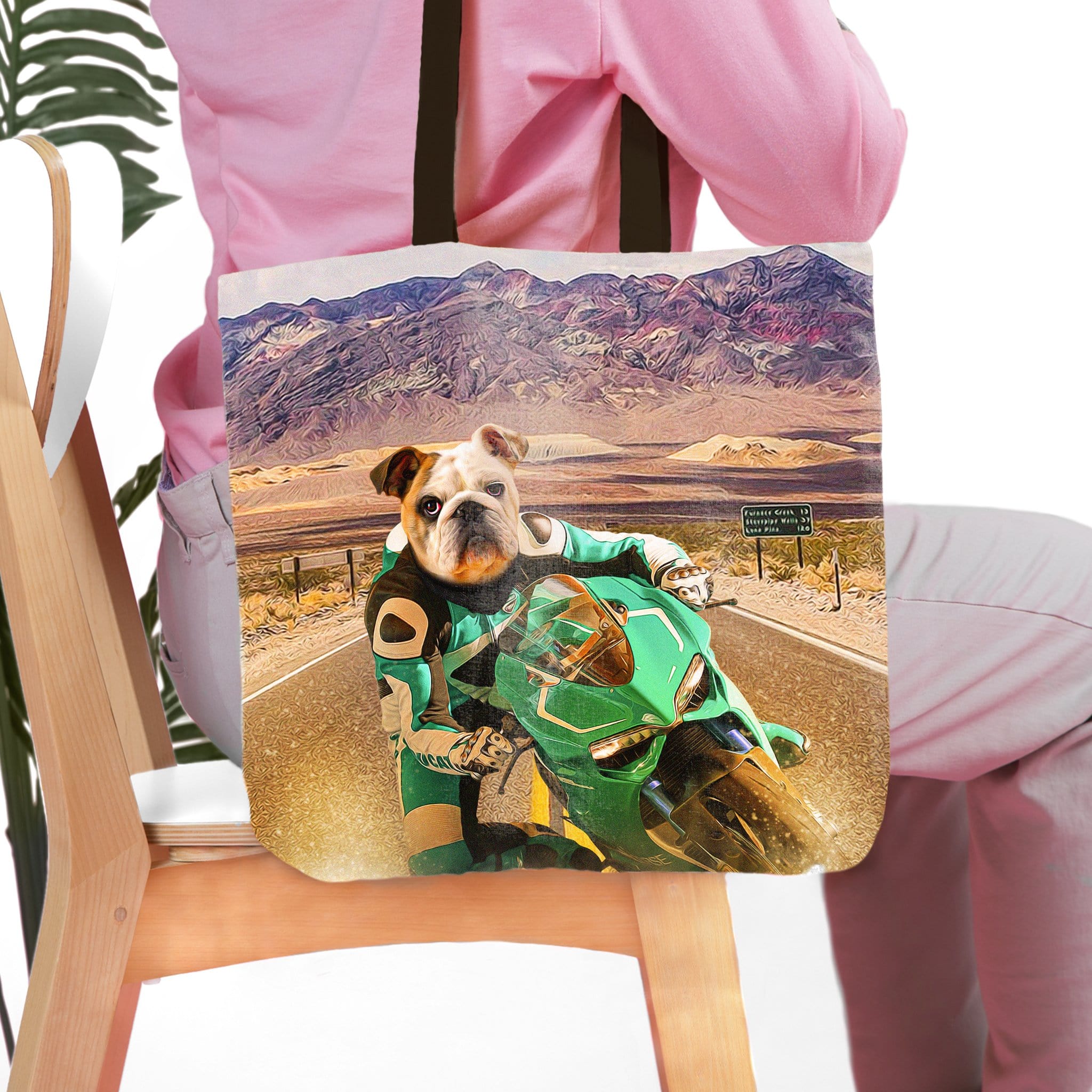 Personalized tote bag with a bulldog pet portrait riding a green motorcycle in a desert landscape.