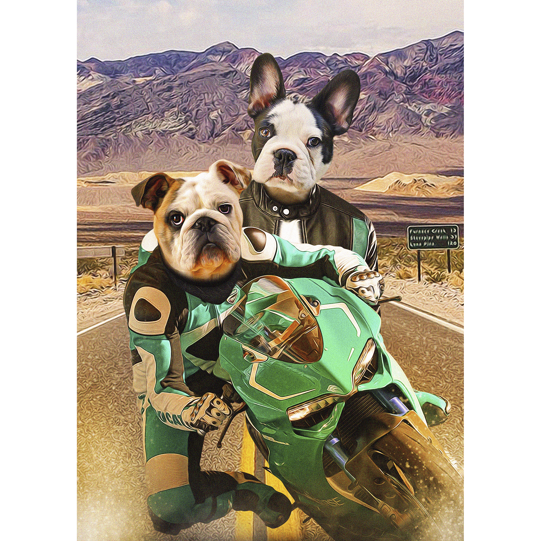 Custom digital portrait of two dogs on a green motorcycle in a desert landscape.