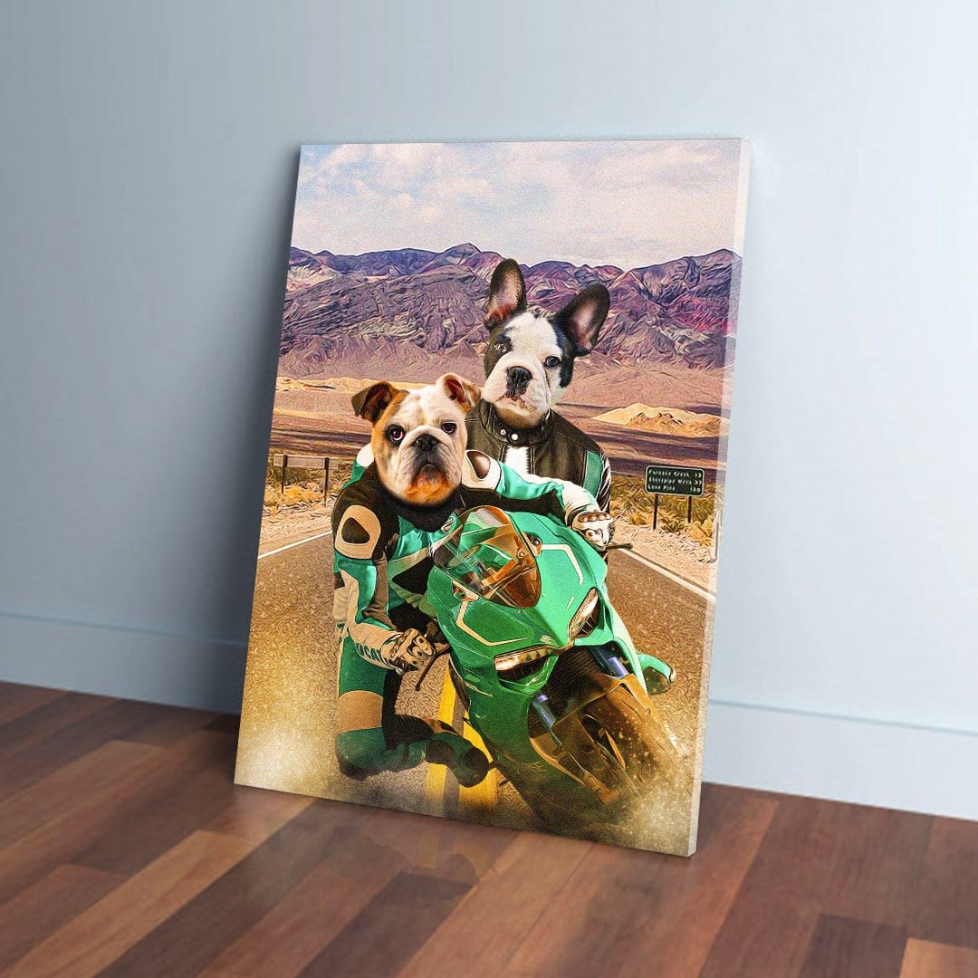 Personalized canvas art featuring two dogs, a bulldog and a French bulldog, riding a green motorcycle.