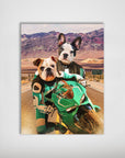 Personalized 'Kawadawgi Riders' poster featuring two pets as motorcycle racers in green and black gear.
