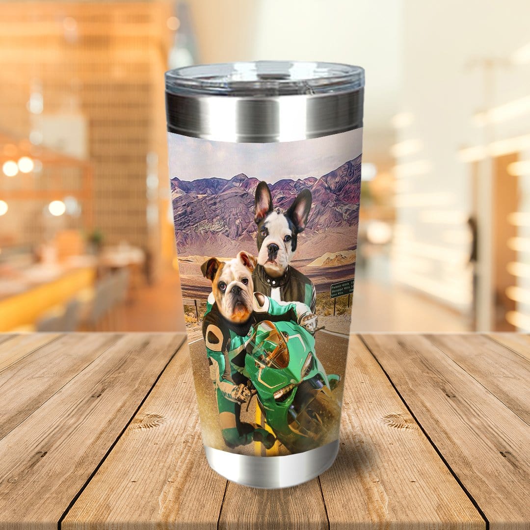 Personalized stainless steel tumbler with two pet dogs in motorcycle gear on a road trip.