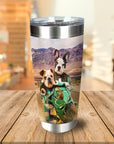 Personalized stainless steel tumbler with two pet dogs in motorcycle gear on a road trip.