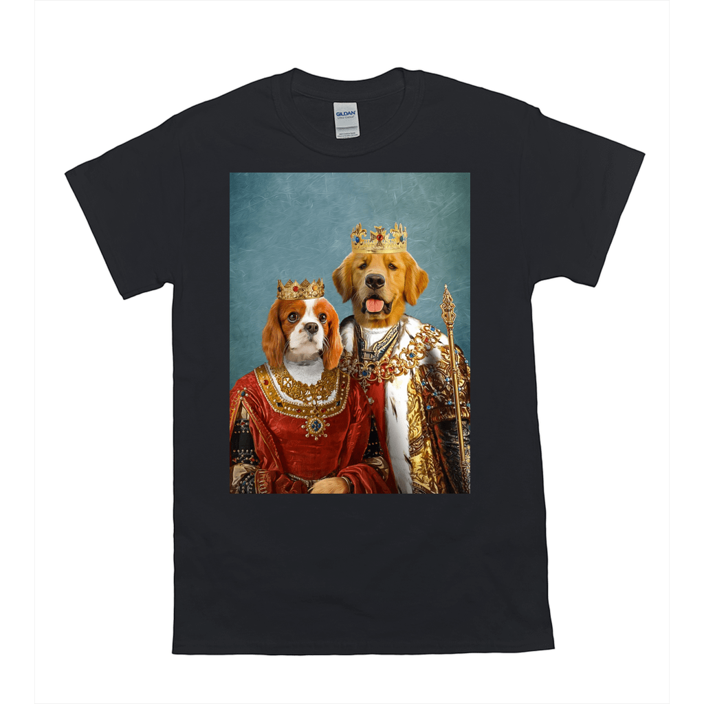 Black Gildan t-shirt featuring a personalized portrait of two pets as a king and queen.