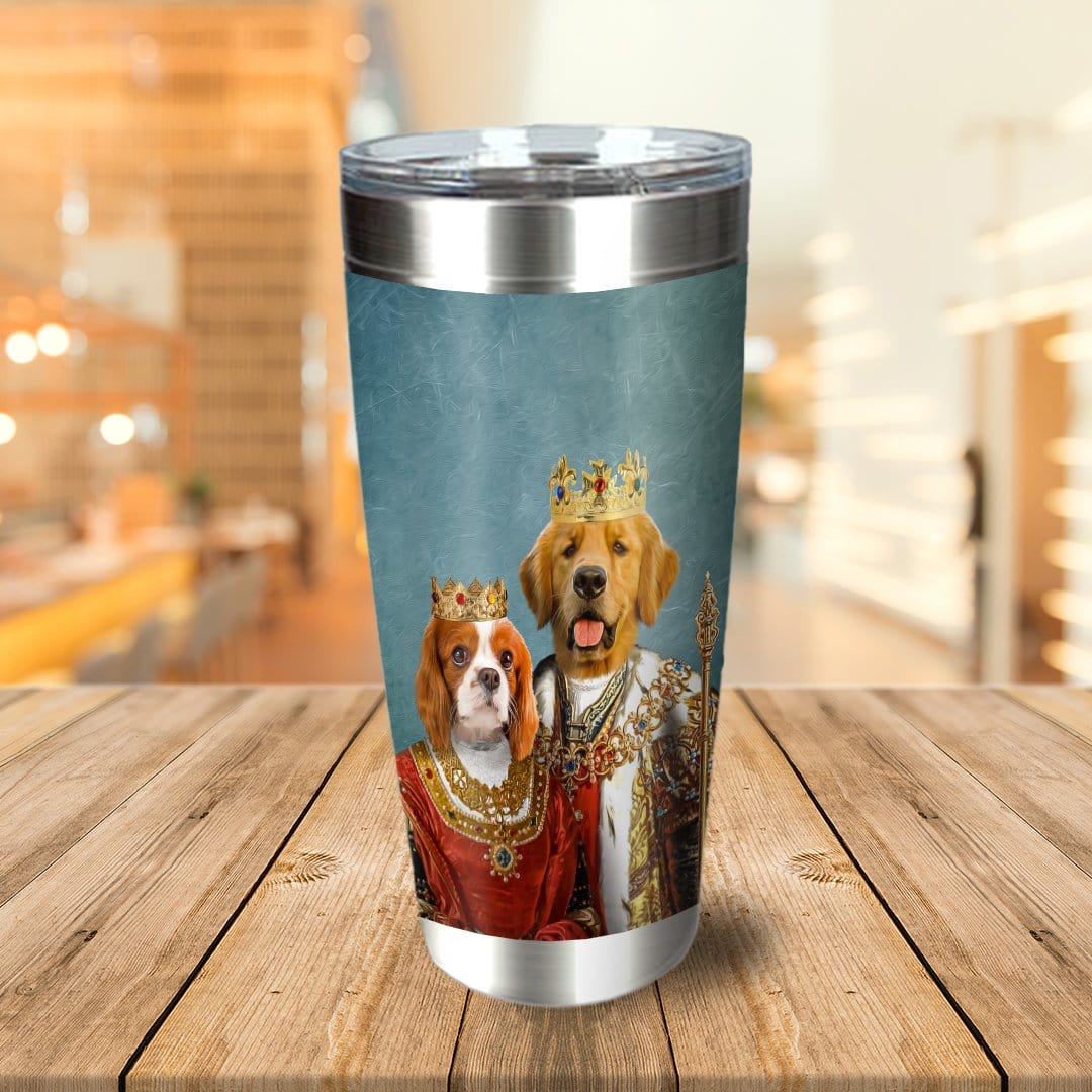 Personalized stainless steel tumbler with two pet portraits in royal Renaissance king and queen costumes.