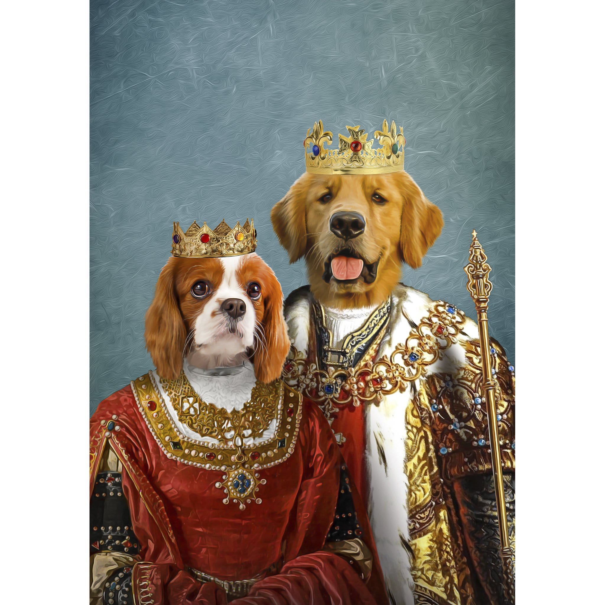 Custom digital portrait of two pets, a Cavalier King Charles Spaniel and a Golden Retriever, as a royal king and queen.