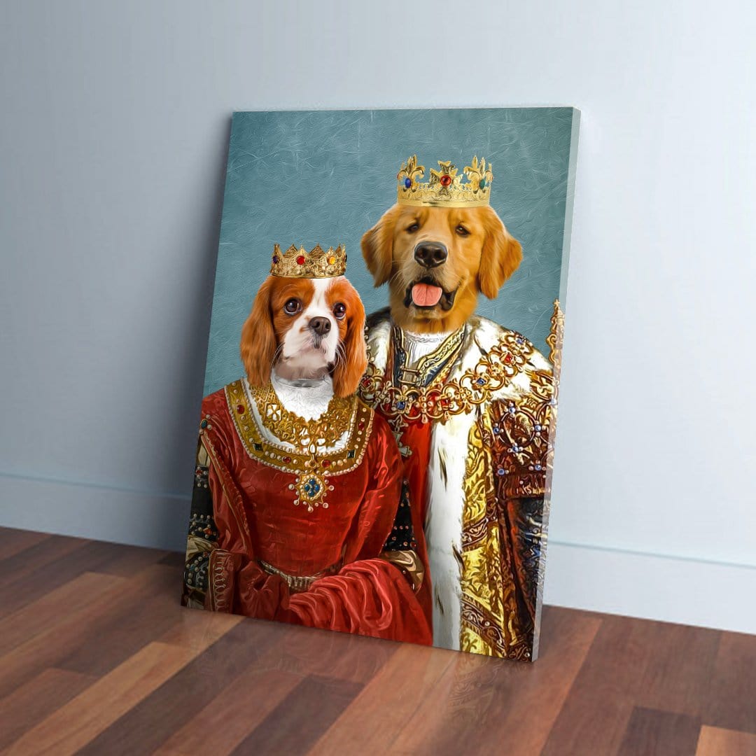 Personalized 'King and Queen' pet canvas featuring a Cavalier King Charles Spaniel and a Golden Retriever in royal attire.