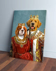 Personalized 'King and Queen' pet canvas featuring a Cavalier King Charles Spaniel and a Golden Retriever in royal attire.