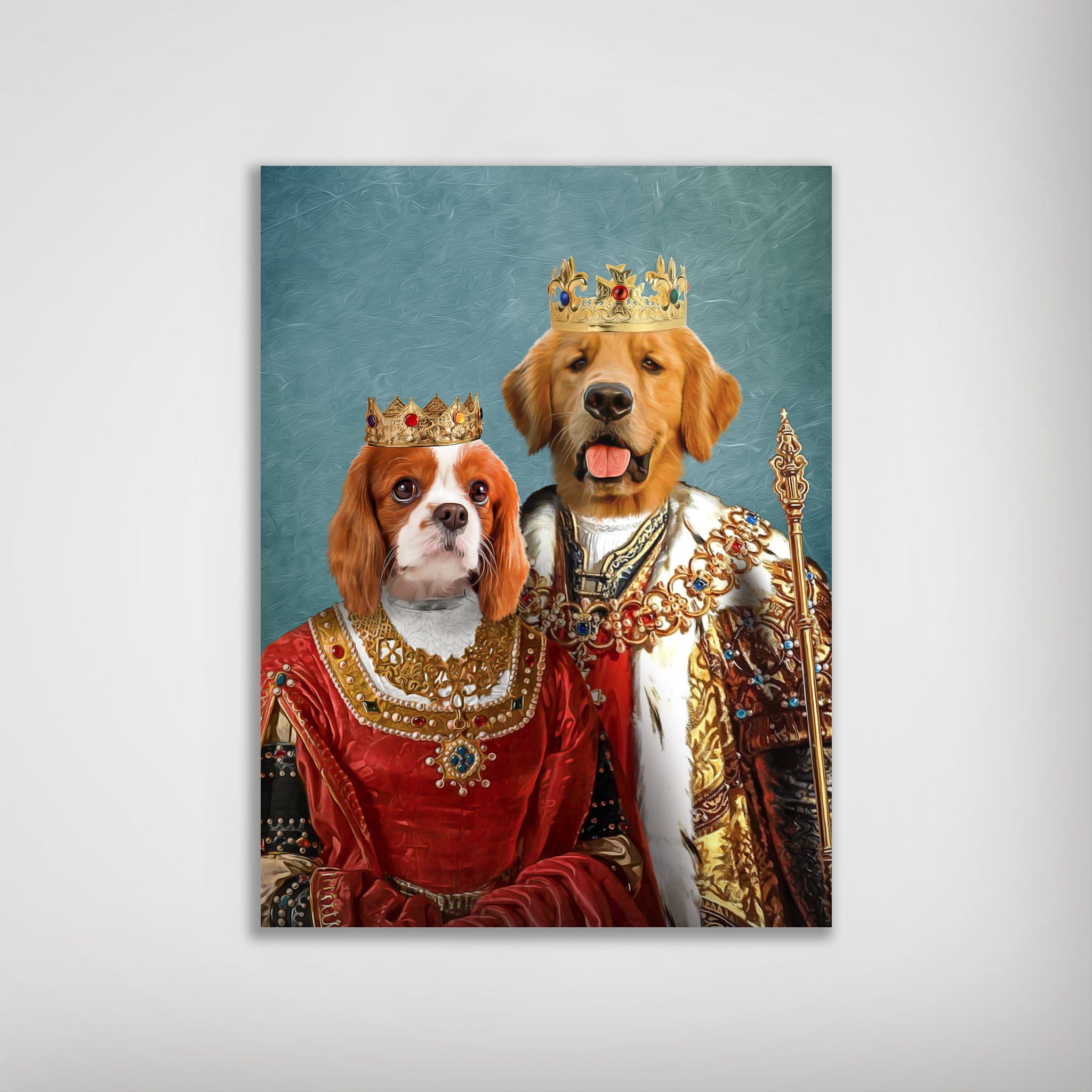 Custom 'King and Queen' portrait poster featuring a Cavalier King Charles Spaniel and a Golden Retriever in regal attire.