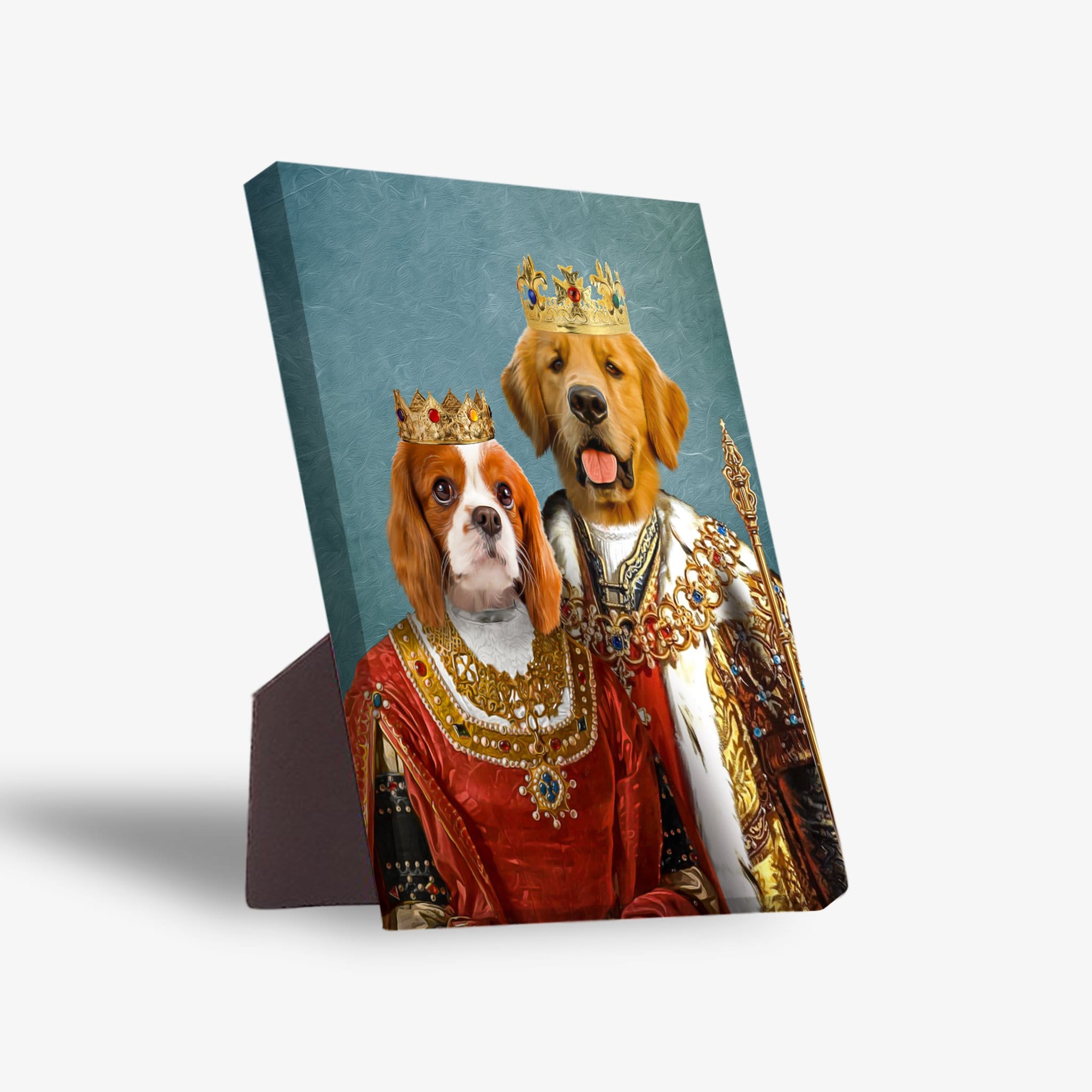 Personalized 'King and Queen' 2 pet standing canvas featuring a Cavalier King Charles Spaniel and a Golden Retriever in royal attire.
