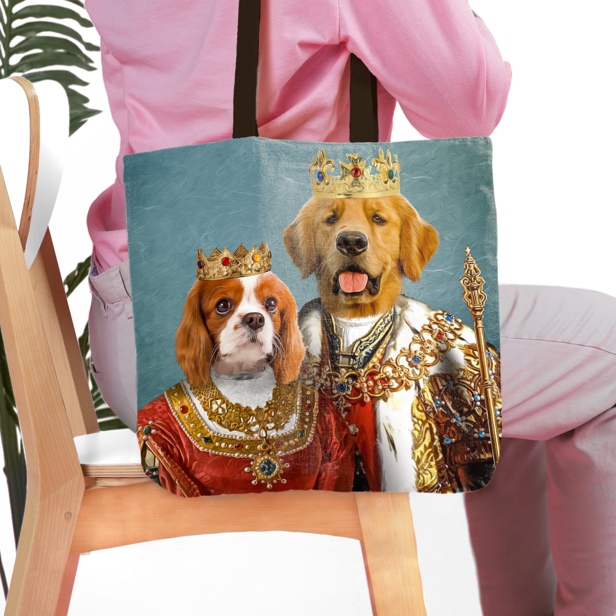 Personalized 2-pet tote bag with royal renaissance portraits of a Cavalier King Charles Spaniel and a Golden Retriever.