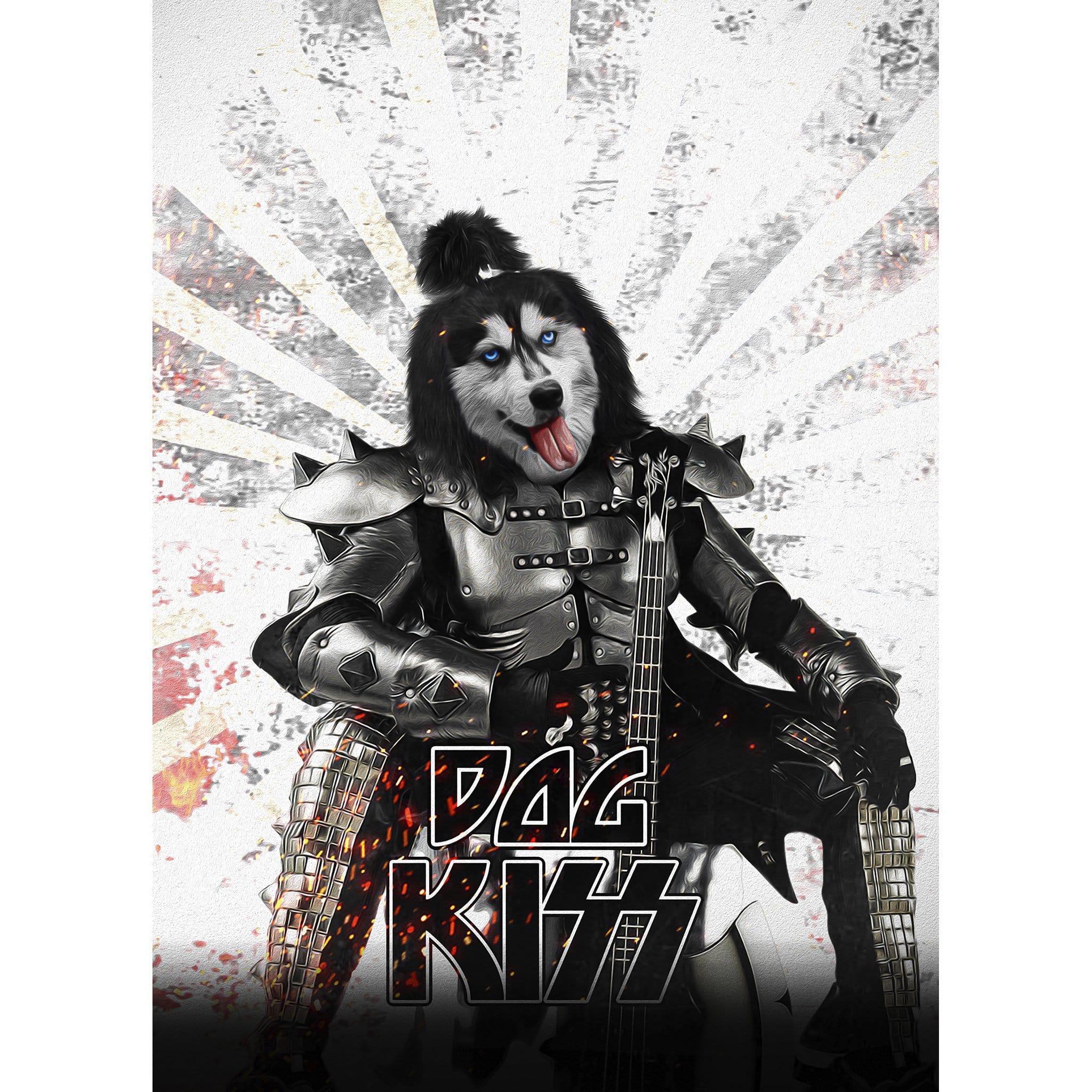Custom digital portrait of a husky dog dressed as a Kiss rock star, holding a guitar.