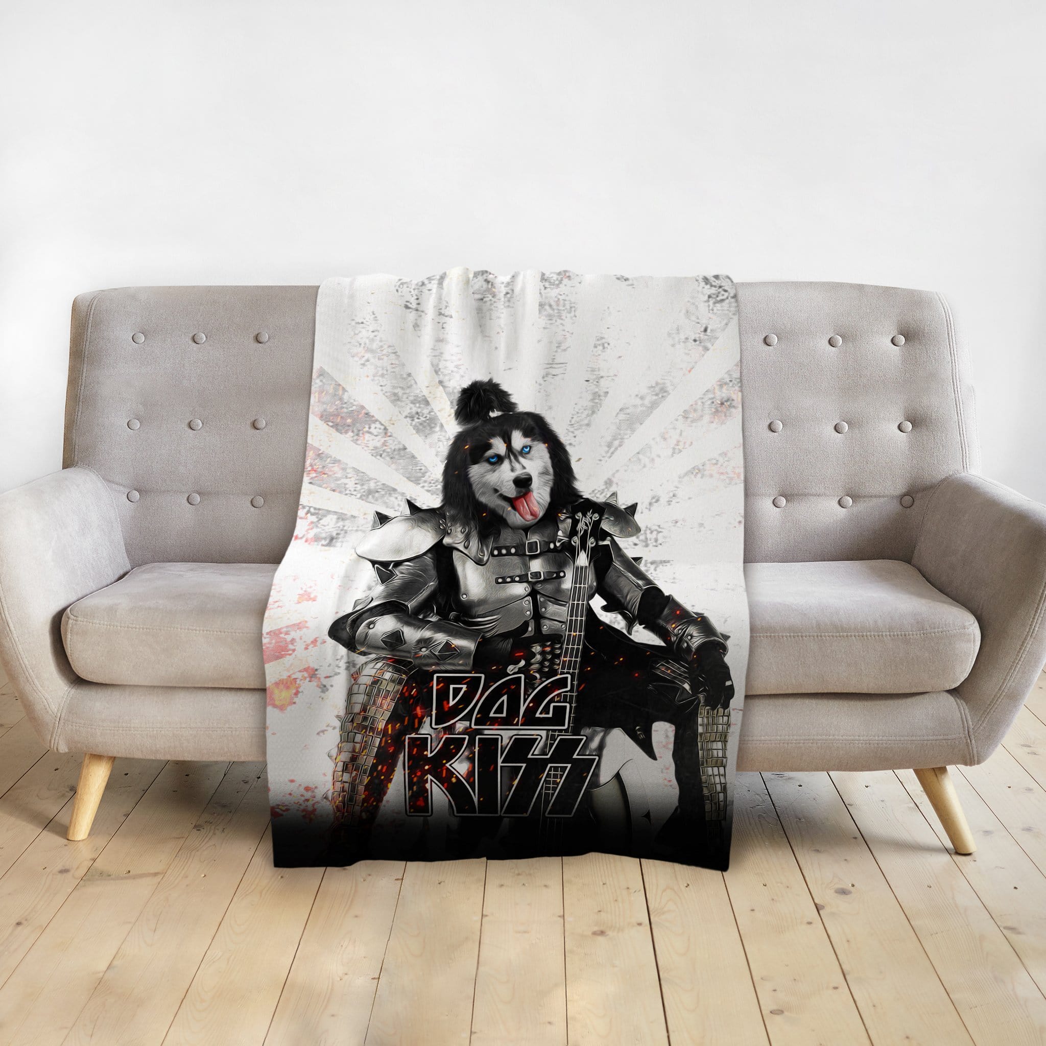 Personalized pet blanket with a husky dog portrait in Kiss rock band armor.