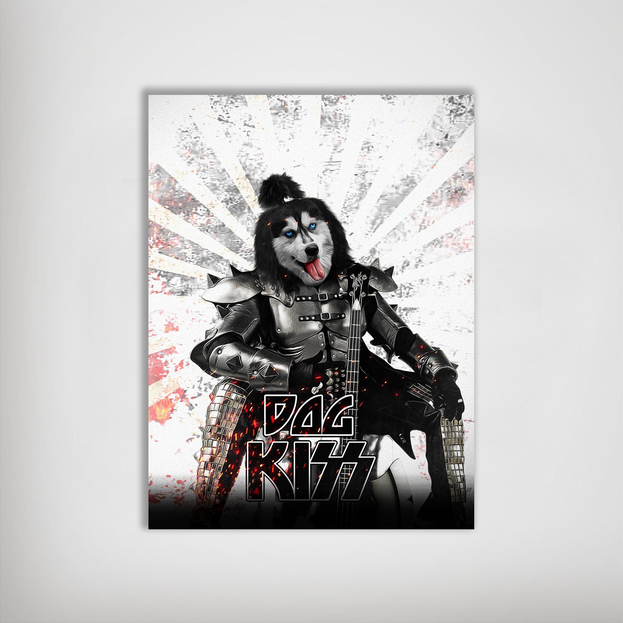 Personalized 'Kiss Doggo' poster featuring a husky in rockstar armor with a bass guitar.
