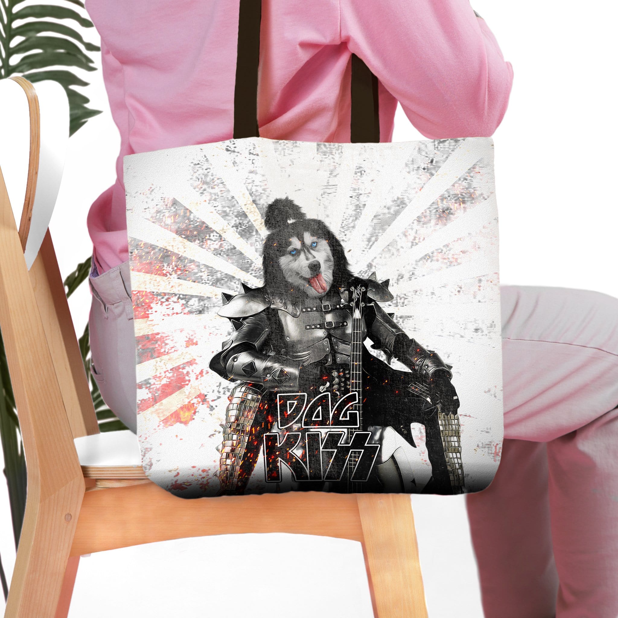 Personalized white tote bag with a custom dog portrait in a Kiss band-style costume.